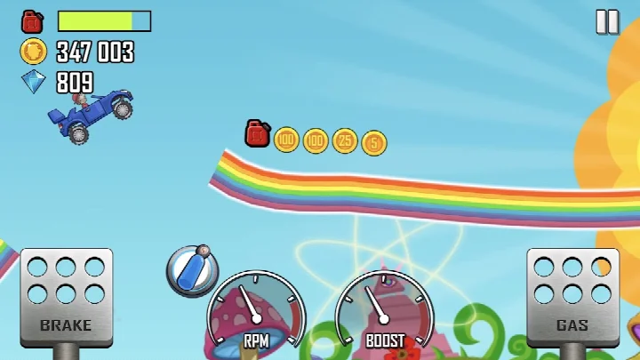 Hill Climb Racing moon stage with low gravity, featuring the vehicle bouncing over craters.