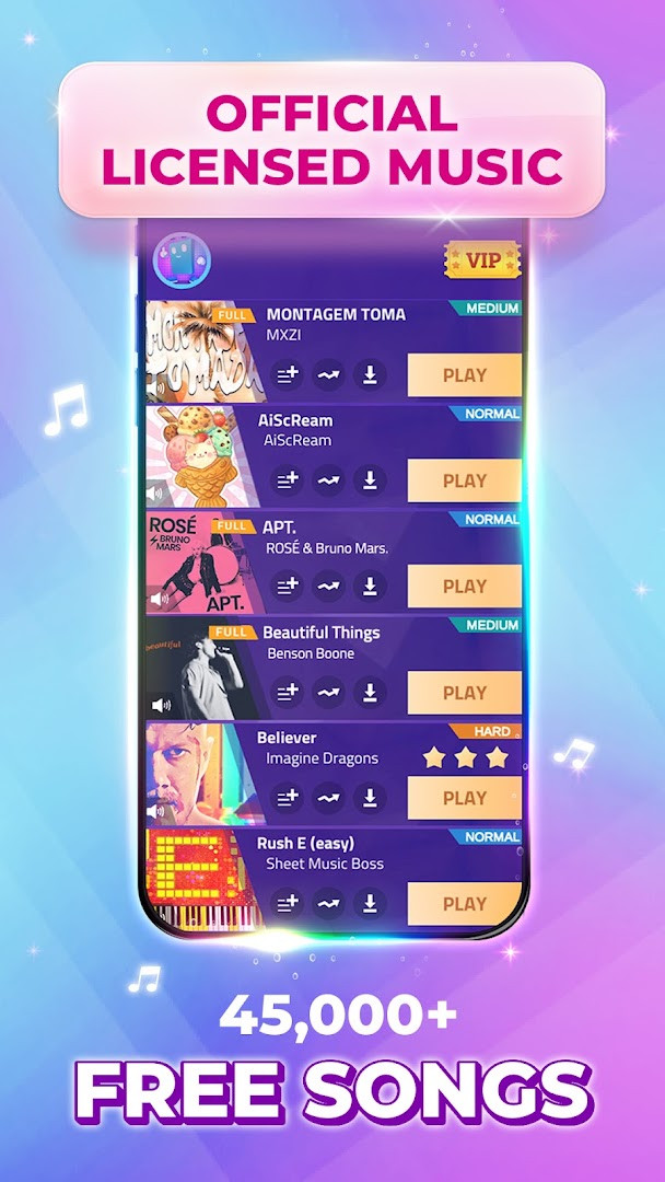 Magic Tiles 3TM main gameplay with black piano tiles falling on a vibrant screen