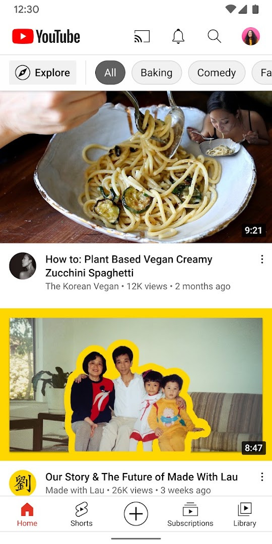 Library view with history, liked videos, and saved playlists