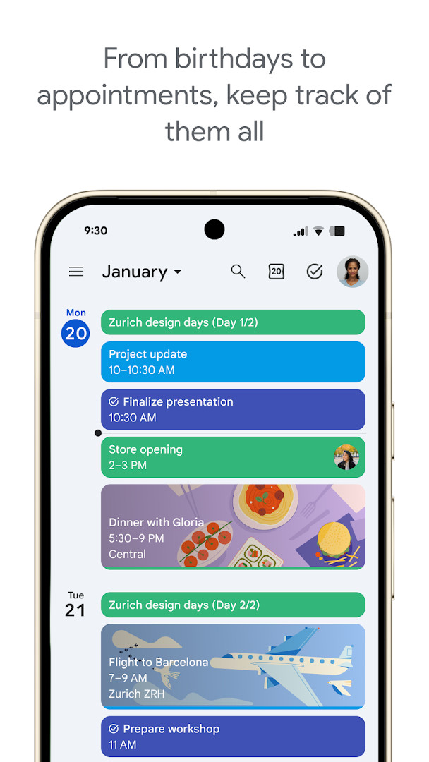 Month view in Google Calendar showing the full agenda at a glance