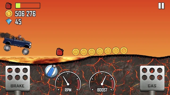 Hill Climb Racing fuel gauge warning as the vehicle runs low on gas during a long uphill climb.
