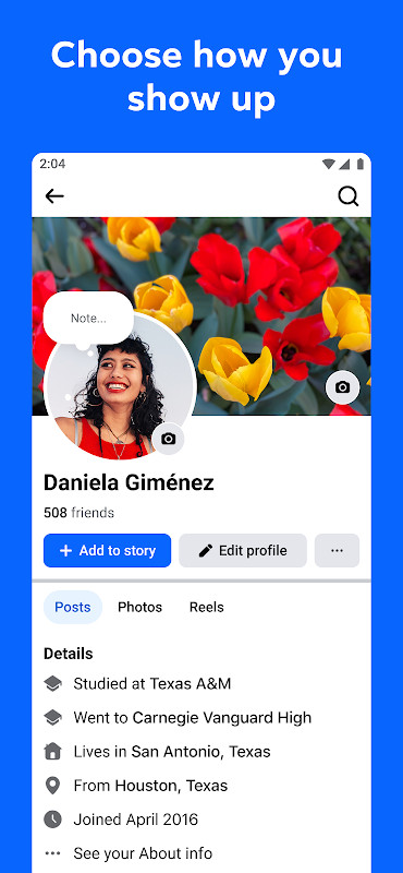 Facebook profile page with cover photo, posts and visibility settings
