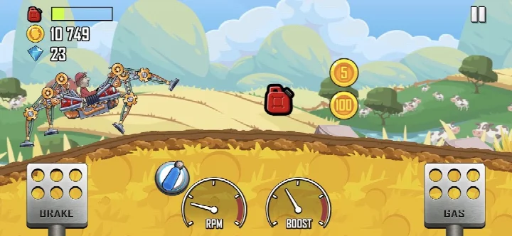 Hill Climb Racing off-road terrain with hazards and ramps, demonstrating the unique physics system.