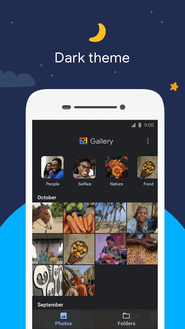 Gallery folders screen showing SD card support and options to copy or transfer files