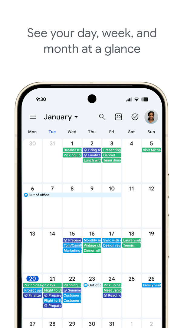 Google Calendar task list screen with to-dos shown full-screen