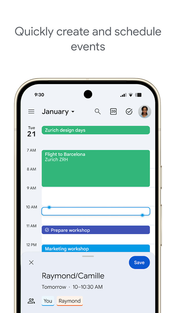 Google Calendar day view with event details and time slots listed