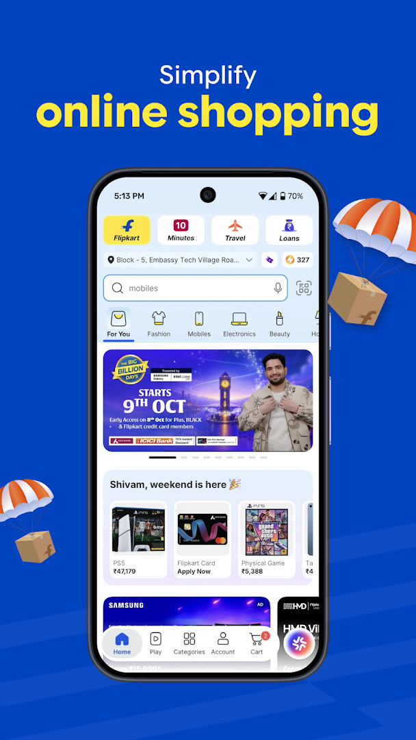 Flipkart app displaying Flipkart Minutes with 10-minute delivery options