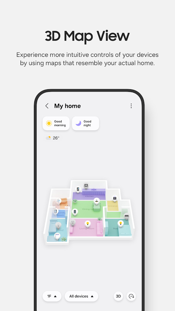 SmartThings device detail view with live status and control buttons