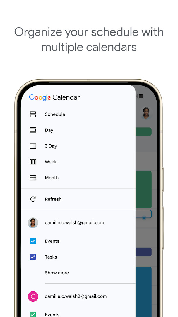 Google Calendar shared calendar view with multiple color-coded calendars layered