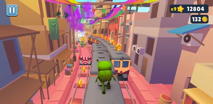 Subway Surfers view of Jake flying with a paint-powered jetpack