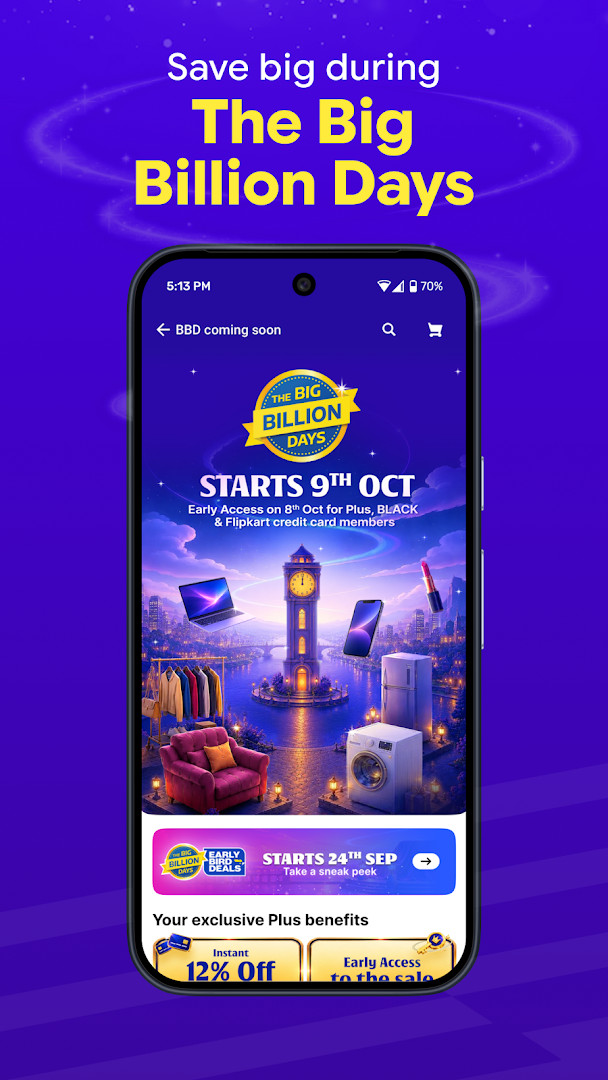 Flipkart app home screen showing product categories and search bar