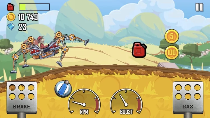 Hill Climb Racing garage screen where players can upgrade their vehicle with custom parts and skins.