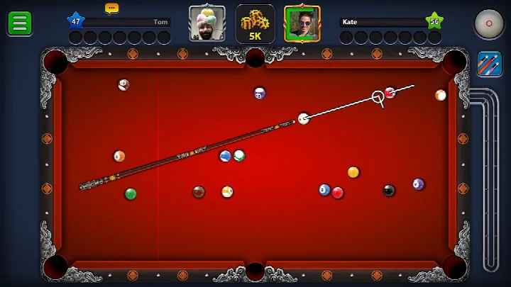 8 Ball Pool screenshot of a 3D pool table with realistic ball physics and shadows