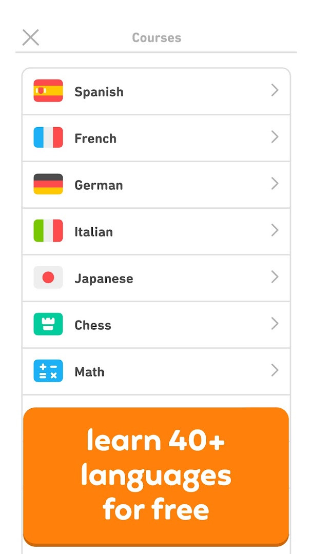 Duolingo language course selection screen with Spanish, French, and English options.