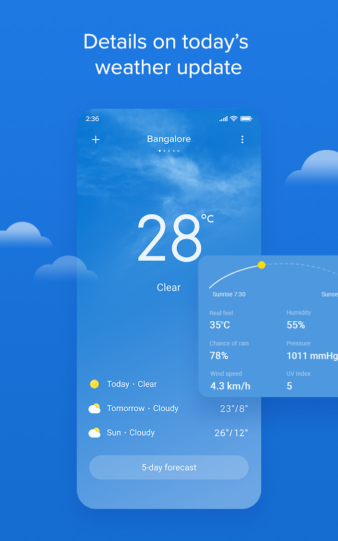 Current conditions screen showing temperature, rain forecast and Air Quality Index in one view