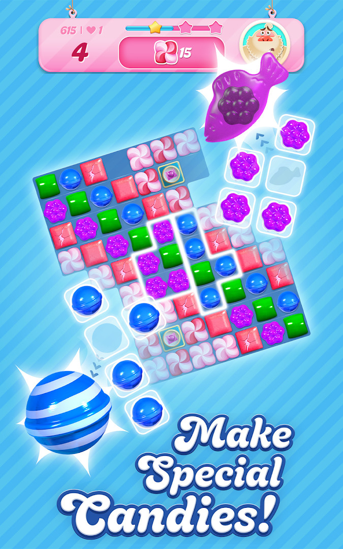 Candy Crush Saga settings menu with sound, music, and payment options