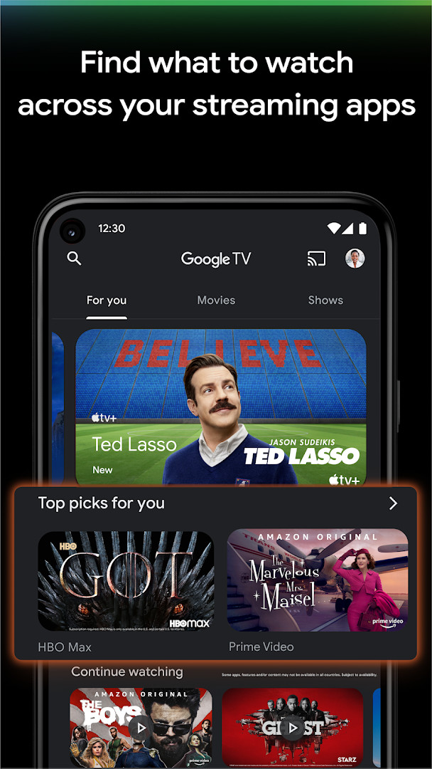 Google TV search results displaying which streaming apps offer a title.