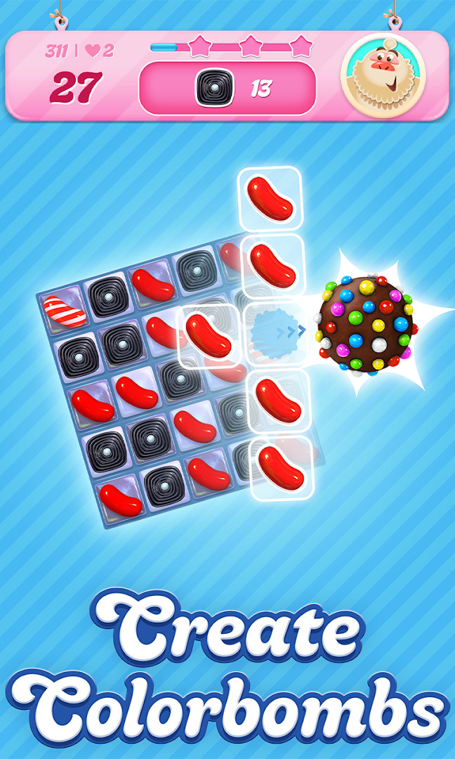 Candy Crush Saga match-3 board with colorful candies and a move counter