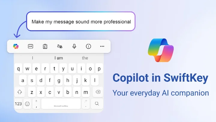 Microsoft SwiftKey AI Keyboard main typing screen showing AI-powered word predictions above the keys