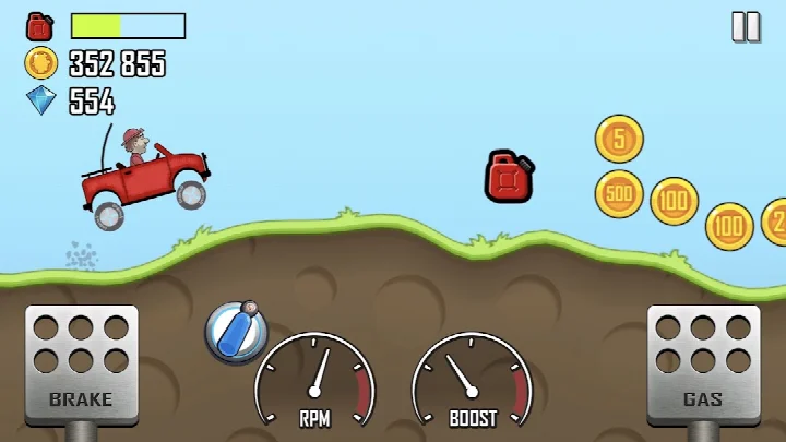 Hill Climb Racing gameplay showing Bill driving a hill climber vehicle up a steep slope in Climb Canyon.
