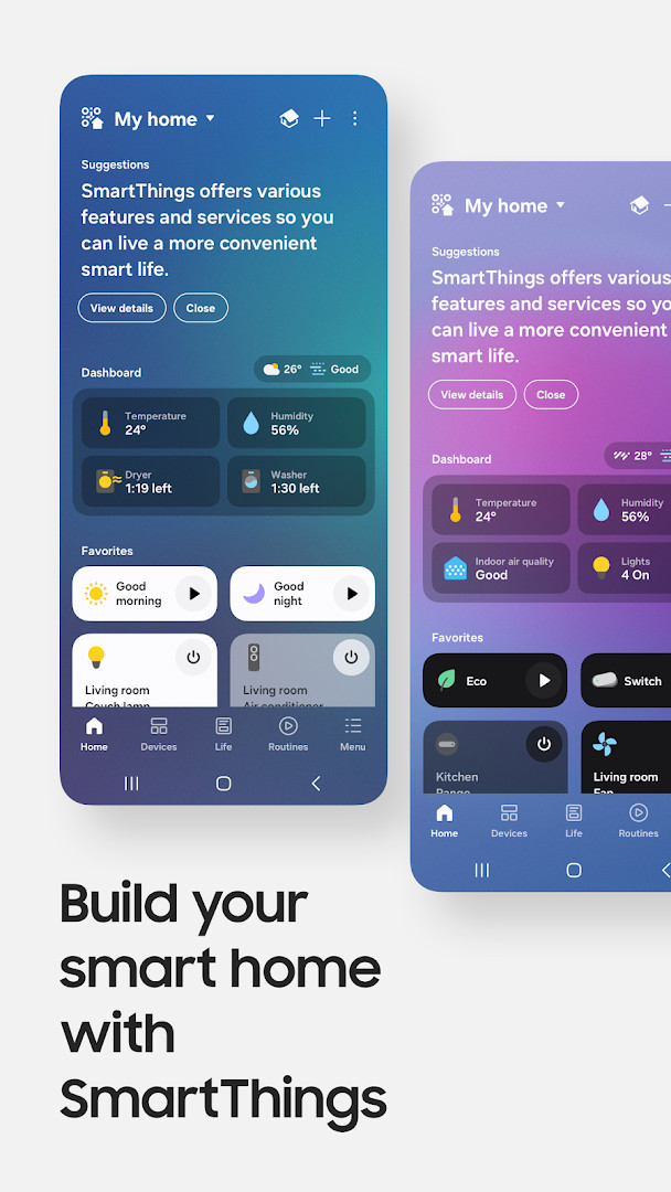SmartThings home tab showing quick access to favorite devices and key info