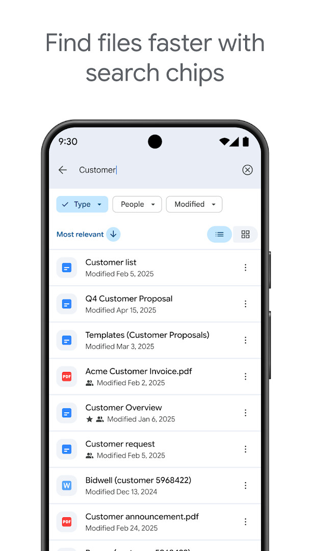 Google Drive file list view with search bar and filter options