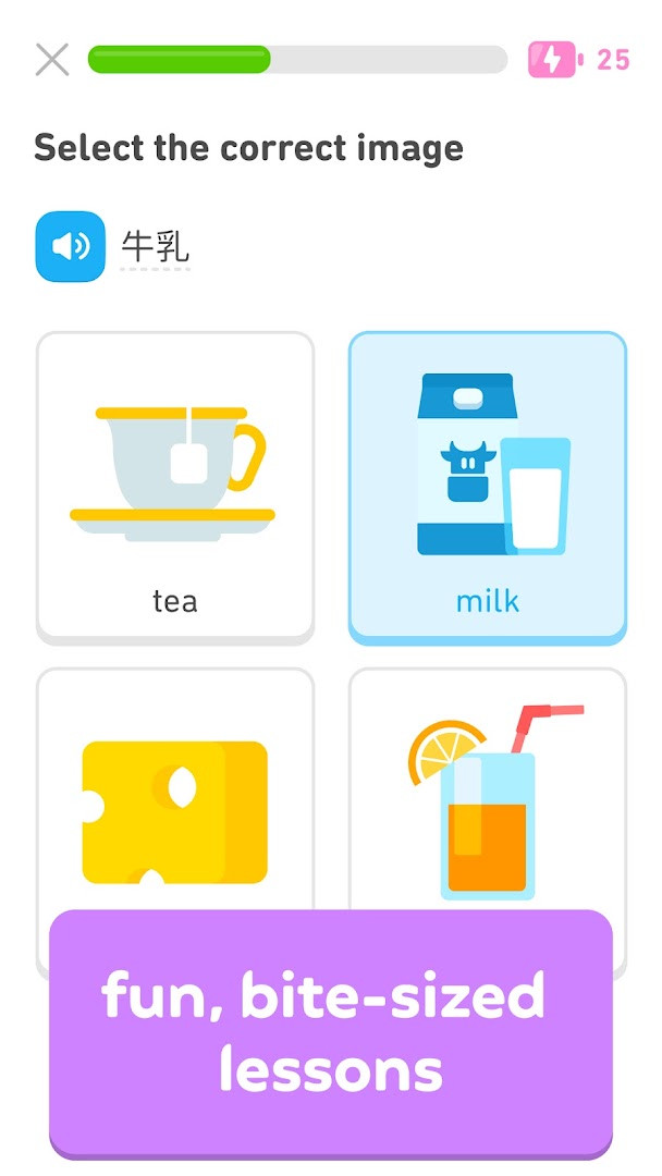 Duolingo bite-sized lesson screen with matching exercises for language practice.