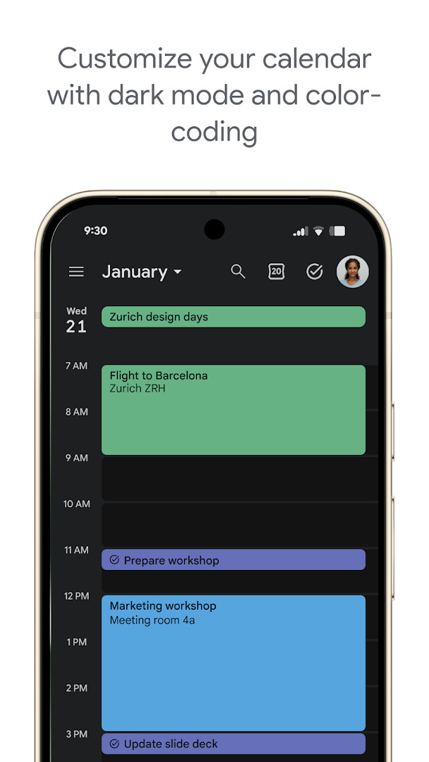 Google Calendar settings with options for views, themes, and color coding