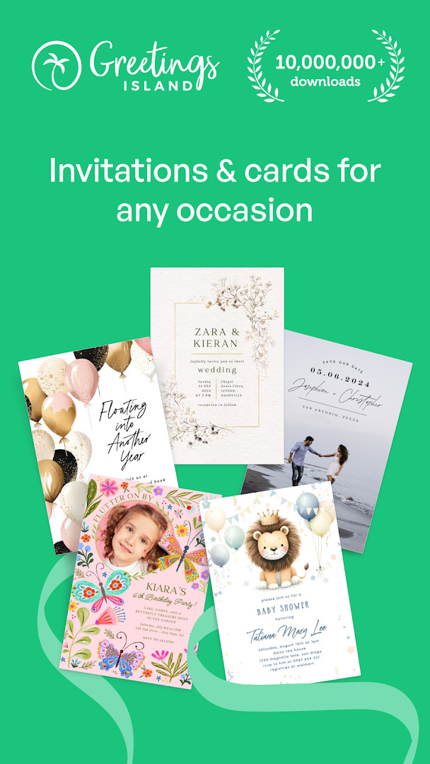 Invitation Maker: Cards & RSVP home screen with a grid of event invitation templates