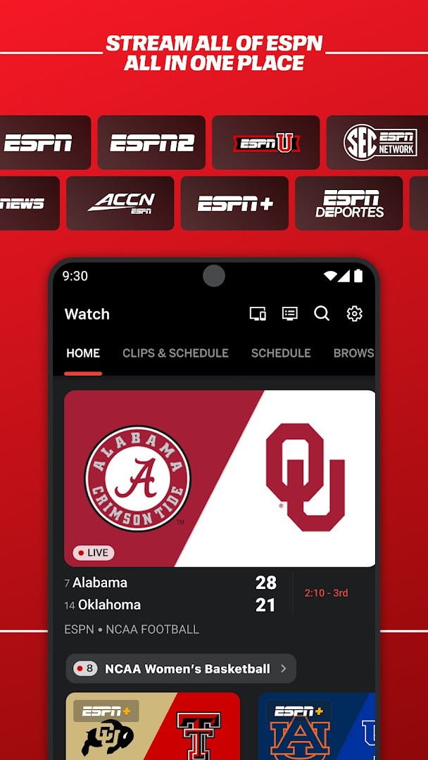 Scores screen showing live results across NFL, NBA, MLB and NHL games
