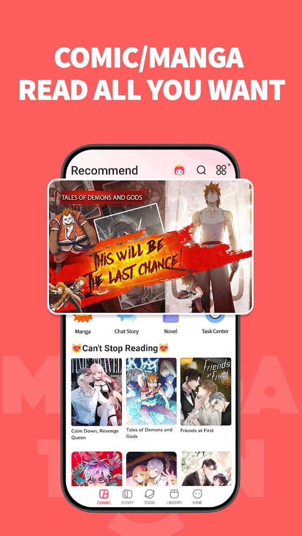 MangaToon: Comic & Manga home screen showing featured manga and webtoon titles