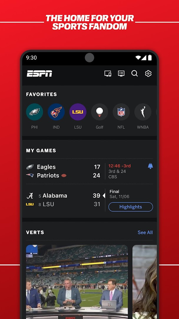 Personalized feed with top games and trending highlights for followed teams