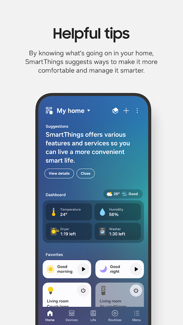 SmartThings screen listing connected Samsung TVs, appliances and speakers in one place