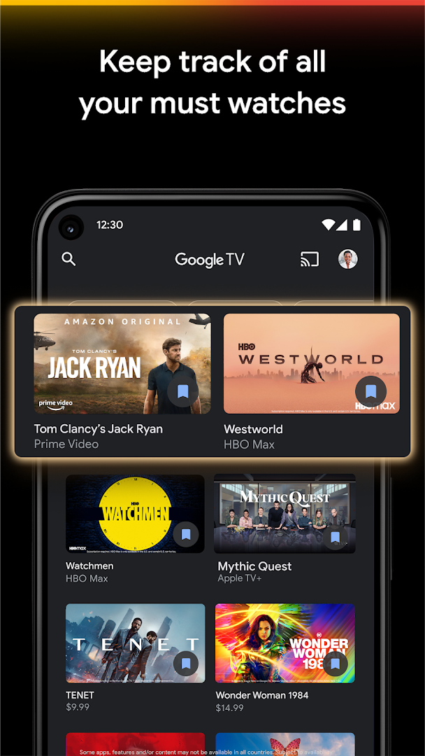 Google TV Watchlist screen listing saved movies and shows.