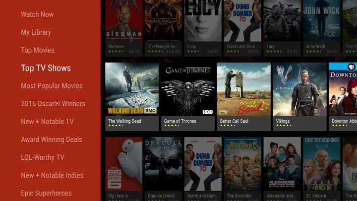 Google TV browsing interface organized by genres and topics.