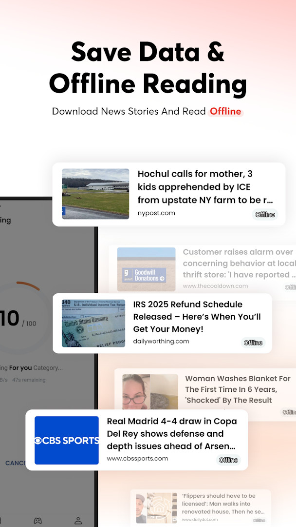Article reading view with options to save for offline access