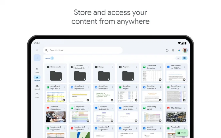 Google Drive tablet layout with side-by-side file and detail panes