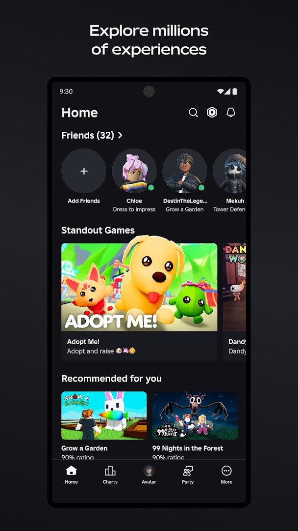 Roblox home screen showing a grid of game thumbnails and a navigation bar.