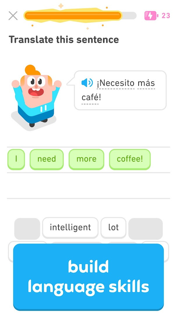 Duolingo math course with multiplication and fraction practice games.