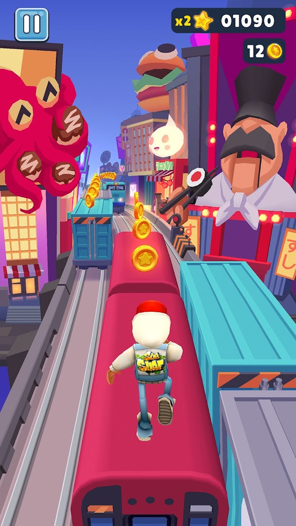 Subway Surfers screen showing Jake dodging oncoming trains