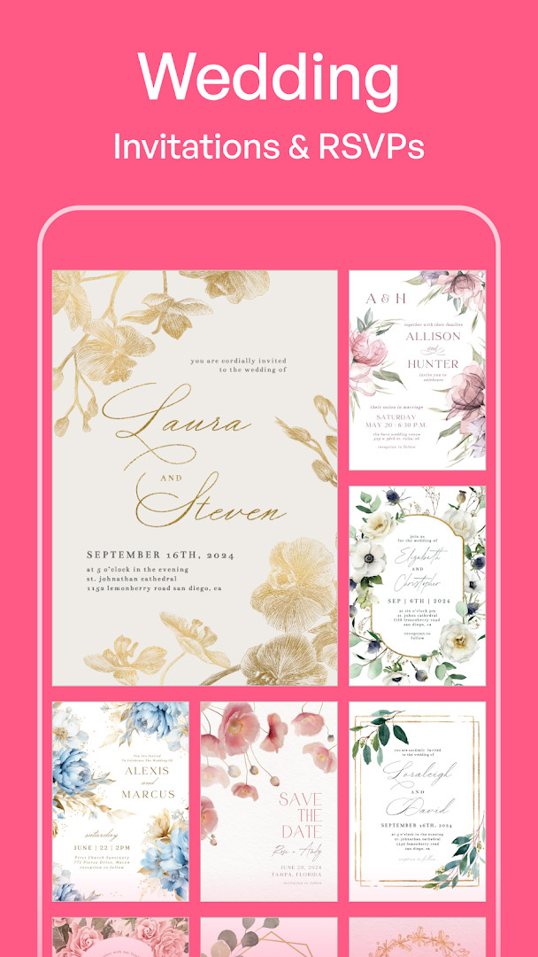 Invitation Maker: Cards & RSVP card editor with editable text, color and photo options