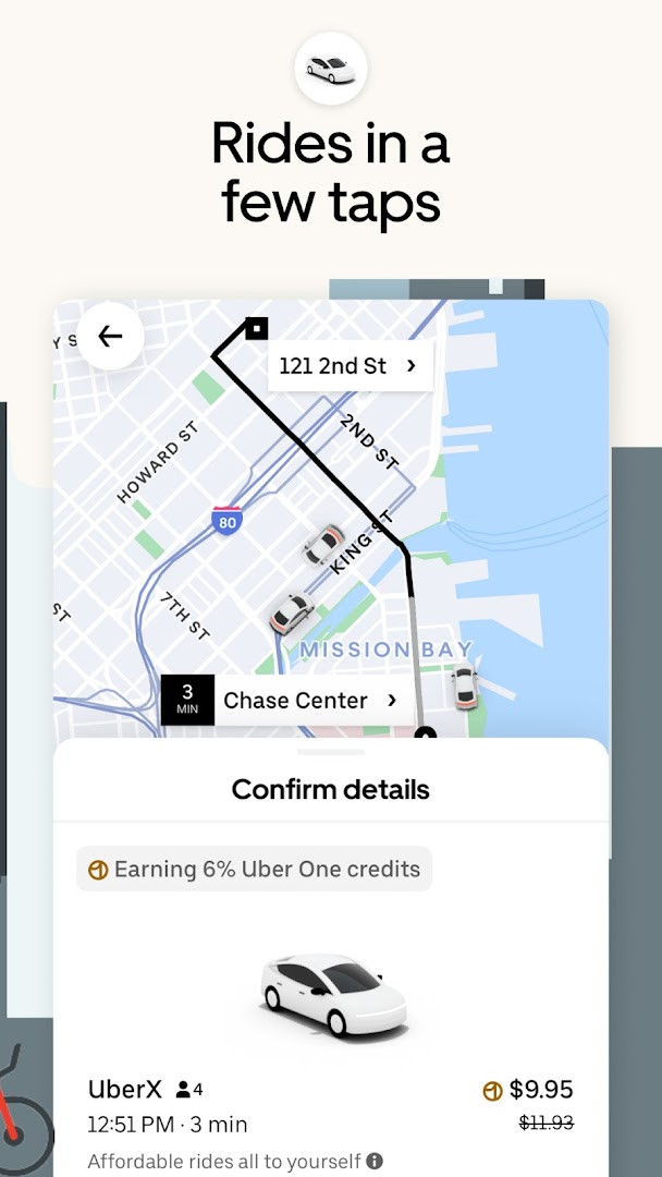 Ride selection screen listing UberX, Black, and other options