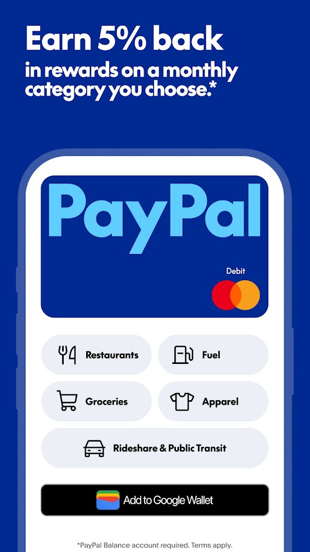 PayPal Debit Card screen highlighting 5% back rewards points on a chosen category