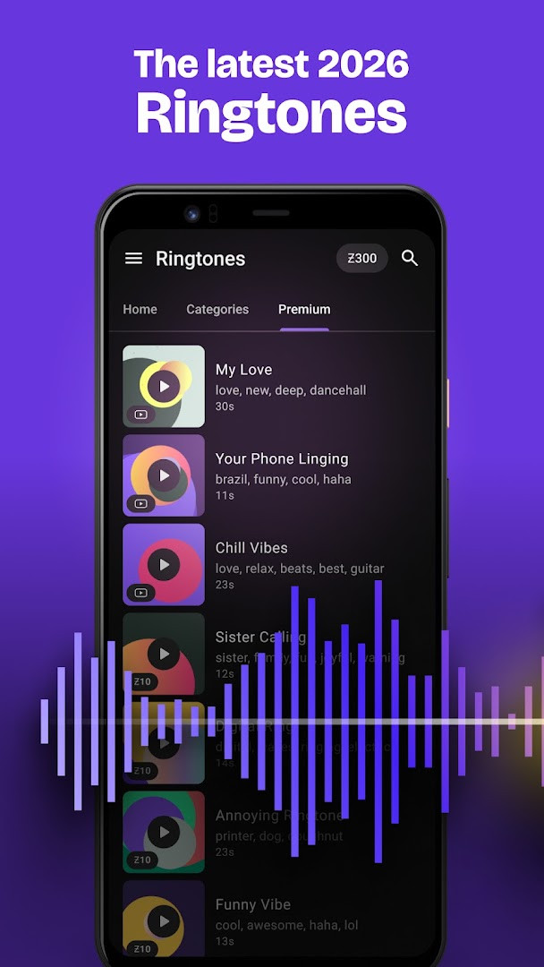 Zedge ringtone library screen with preview and download options