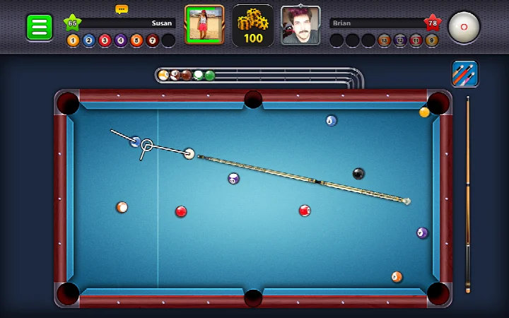 8 Ball Pool screenshot of the game menu showing your level, coins, and challenge options