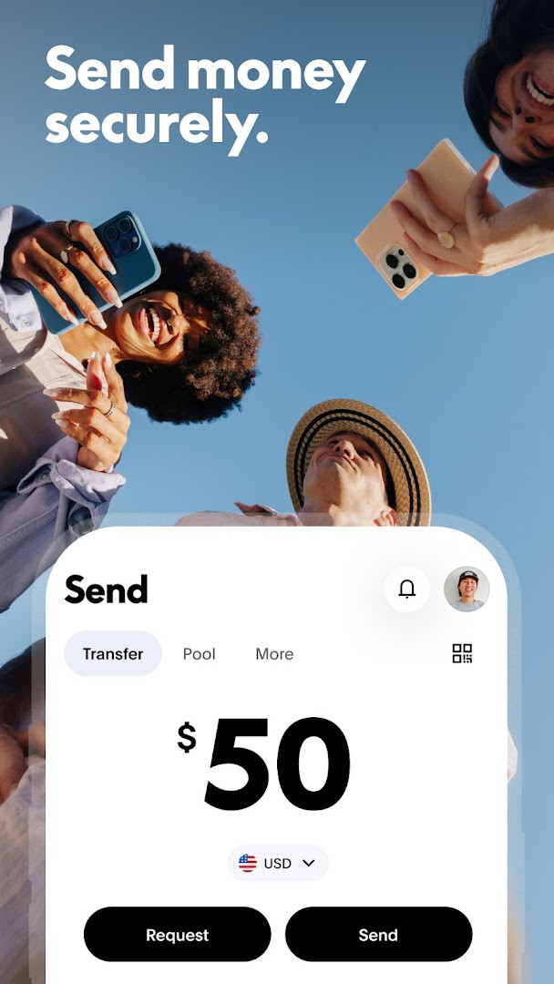 Send and request money screen for transfers within the US and abroad