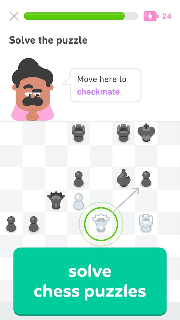 Duolingo chess course lesson showing chessboard and guided moves.