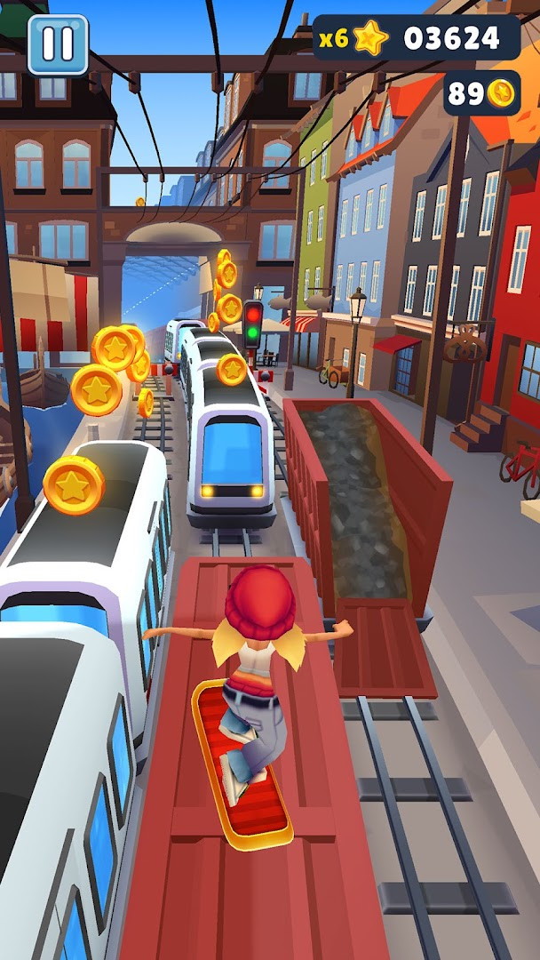 Subway Surfers scene of the crew grinding along train rails