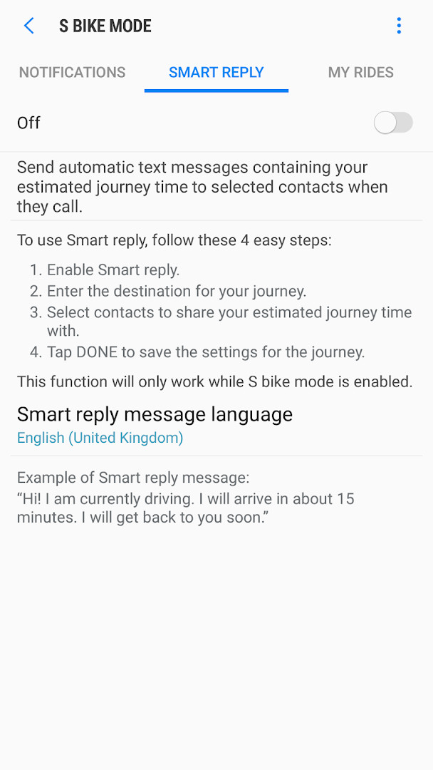 S bike mode Smart reply setup for sharing your estimated arrival time with contacts