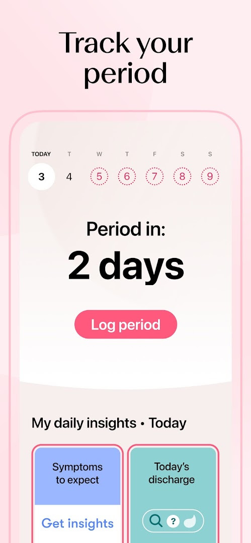 Daily symptom and mood logging screen with various selectable icons.